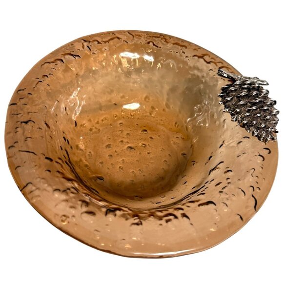 Hand Blown Amber Art Glass Dish With Silver-Tone PINECONE Embellishment - Picture 2 of 8